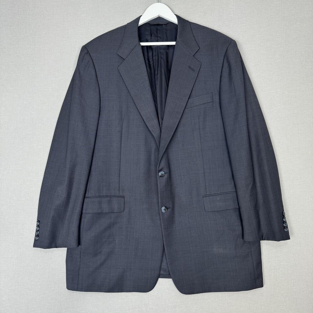Hickey Freeman Blazer Mens 44L Navy Wool Boardroom Micro Plaid Suit Jacket
